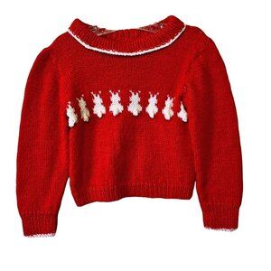 Vintage Kids Hand Knit Novelty Red Bunny Rabbit Sweater 2T